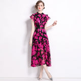 High-End Knee Dress Women's Summer 2024 Temperament Lotus Leaf Sleeve Fashion Waist Thin Print V-Neck Dress 68HZ
