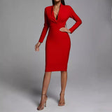Sexy Deep V-Neck Fashion Trendy Long Sleeve Banded Dress With High-End Banquet Evening Dress 68HZ