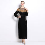 2024 Senior Sense Of The Famous Fan Heavy Industry Nail Bead Dress Temperament Sister Fan Lantern Sleeves Loose Skirt 68HZ