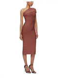 Women's Fashion Pure-Color Single-Shoulder-To-Back Open Fork With A Tight Belt-Coated And A-Fated-Waded Dress Party Evening Dress 68HZ