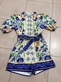 Spring/Summer 2024 New Bubble Sleeves Shorts Vintage Sicilian Shorts Set Women's Clothing 68HZ