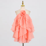 Temperament Sexy High-End Short Dress 2025 Summer New Hanging Neck Three-Dimensional Flower Design Strapped Sleeveless Dress 68HZ