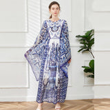 Vintage Court Style Collar Horn Long Sleeves Loose Blue And White Porcelain Print A-Word Skirt 68HZ