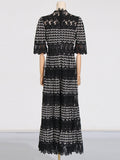 High-Level Temperament Collar Solid-Colored Dress 2025 New Lace Embroidery Design Feeling Waist Long Dress Dress Woman 68HZ