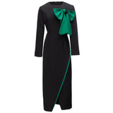 Round Collar Bud Bow Long Sleeve Sexy Open Fork Bag Cleni Pencil Mid-Long Dress Women's New Autumn And Winter 2024 68HZ