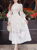 Spring 2025 New French Lace Embroidery Collar Bubble Sleeves To Close The Waist Thin Dress Temperament Long Dress 68HZ