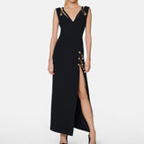 Fashion Personality Women's Clothing Autumn New V Neck Drain Back Low Chest Open Waist Bandage Dress 68HZ