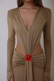 New Sexy V-Necked Long-Sleeved Dress Waist Decor Flower Open-Forked Pouse Dress Dress Dress Long 68HZ