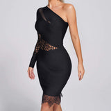 Autumn And Winter New Women's Sexy Lace Single Sleeve Sleeves Hollow Body-Daughter Temperament Bandage Dress Woman 68HZ