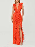 Solid-Color Open Fork Dress 2025 New Autumn V-Neck Wood Ear Design High-Waist Long Dress Woman 68HZ
