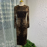 Leopard Print Long-Sleeved Silk-Covered Ass Skinny Sexy Open-Fork Pencil Dress Autumn Women's Dress New 2025 68HZ