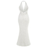 Solid Color Sexy Dark V Bareback Dress Woman High-End New Flower Design Fishtail Party Dress 68HZ