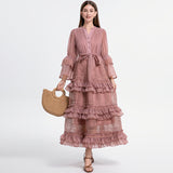 French Retro Court Hollow Lace Splicing Horn Sleeve Dress Female Waist Temperament Over Knee Cake Long Skirt 68HZ