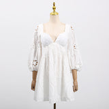 Sexy Deep V-Neck Bubble Sleeves Solid Dress 2025 New Fashion Hollow Back Design Short Dress Woman 68HZ