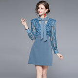 Cumic Temperament Feel Hot Diamond Bow Bow Long Sleeve Spliced High-Waist Heavy Industry Dress Women Spring And Autumn New 68HZ