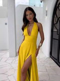 Spring 2024 Women's New Fashion High-End Temperament Hanging Neck Sexy Open-Puck With Solid Color Dress Women 68HZ