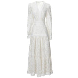 Heavy Industry Plate Flower Splicing Lantern Long Sleeve White Swing Dress Dress New Women's Autumn And Winter 2024 68HZ