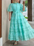 Temperament Literary Style Embroidery Design Solid Color Dress 2025 New Lantern Sleeve Strap To Collect Waist Long Dress Dress Woman 68HZ