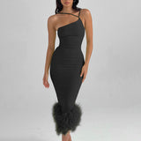 Women's Green French Sling Dress Women's Ostrich Hair Splicing Temperament High-End Thin Sling Skirt 68HZ