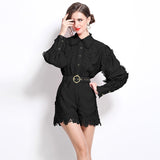 French Famous Yangyang Age-Reduce Women Senior Feel Waist Lace With Lantern Lace Spliced Shirt + High-Waisted Shorts 68HZ