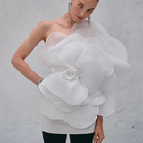Women's High-End Oblique Shoulder Decoration Flower Dress White Wedding Party Dress Step Skirt 68HZ