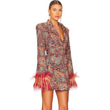 New High-End Women's V-Neck Broken Floral Dress Cuffed Feathers Elegant Dress Coat 68HZ
