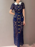 French Spring And Summer Tibetan Cyan Small Fragrant Wind Heavy Lace Hollow Metal Buckle Belt Repair In The Long Dress SP 68HZ