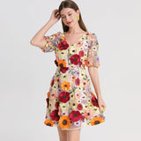 2025 Summer New French Design Heavy Industry Three-Dimensional Flowers Slimming Thin And Hip Delicate Dress Women's Clothing 68HZ