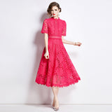 French High-End Lace Splicing Round Collar Dress Women's New Summer Waist Thin Temperament Big Swing Dress Dress 68HZ