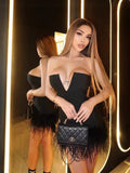 High-Quality Shoulder-To-Shoulder-In-Word Collar V-Bode Ostriches Woolen And-Bobow-Bow-Bowded Dress Bandage Dress 68HZ