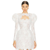 White Fashion Elegant Shoulder Long Sleeve Two-Set Lace Sexy Nail Beads Sling Dress 68HZ