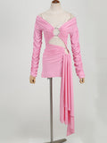 New Women's Sexy Hollow Word Collar Shoulder Long Sleeve Dress Irregular Ribbon Dress Dress Skirt 68HZ