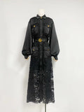 Spring 2025 New Women's Fashion Flip Lantern Long Sleeve Single Buckle Belt Lace Long Temperament Dress Woman 68HZ