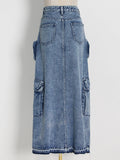 High Street Wind 2025 Summer New High-Waist Long Straight Before The Open Design Denim Pure Color Female Skirt 68HZ