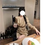 V Collar Long Sleeves Golden Lilyded Shiny Dress Femininity Folds Thin-Buttoned Dress 68HZ