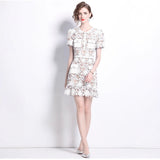 French Niche Temperament Light Blue Collar Lace Dress Water Drill Single Buckle Waist Skirt Woman 68HZ