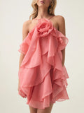 Temperament Sexy High-End Short Dress 2025 Summer New Hanging Neck Three-Dimensional Flower Design Strapped Sleeveless Dress 68HZ