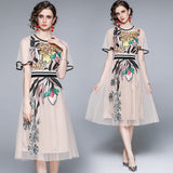 Round Collar Lotus Leaf Short Sleeve Heavy Industry Mesh Embroidery Flower Waist Swing Princess Style Dress 2025 Summer New 68HZ