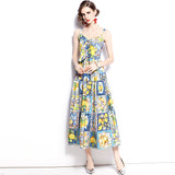 Summer Show Lemon Blue And White Porcelain Print Bows To Collect Waist Thin Holiday Style Long Hanging Dress 68HZ