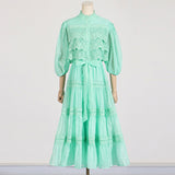 Court Retro Style Long-Sleeved Dress Woman 2025 Spring New Splicing Hollow High-End Feeling Slimy Dress 68HZ