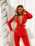 High-End Women's Waist V-Neck Sexy Long-Sleeved Suit Hollow Broad Leg Trousers Casual Trousers Two Sets 68HZ