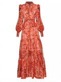 2024 Australian Niche Wind Collar Long-Sleeved Shirt Prints To Close The Waist And Leaves Of The Dress 68HZ