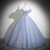 One-Word Shoulder Light Blue Vocal Art Exam Performance Dress Solo Fluffy Skirt Princess Adult Ceremony Presided Over The Annual Meeting Dress 68HZ
