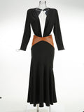 High-End Women's New Sexy Deep V Bareback Splicing Bag Long-Sleeved Dress High-End Temperament Dress 68HZ