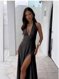 Spring 2024 Women's New Fashion High-End Temperament Hanging Neck Sexy Open-Puck With Solid Color Dress Women 68HZ
