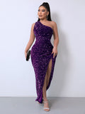 Direct Selling New Women's Clothing 2025 Spring Fashion Squin Single-Sleeve-Less Open-Fork Dress Solid Color 68HZ