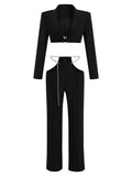 Women's Black Fashion Suit Women's Feeling Small Suit Short Top Chain Belt Casual Trousers Two-Piece Set 68HZ