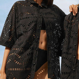 2025 New Embroidery Hook Design Medium Long-Sleeved Shirt Top + Casual High-Waist Shorts Fashion Two-Piece Set Of Women 68HZ