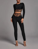Black Long-Sleeved Round-Neck Two-Piece Set Mesh Yarn Hollow High-Waisted Trousers Burst Banding Dress Factory 68HZ