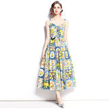 Summer Show Lemon Blue And White Porcelain Print Bows To Collect Waist Thin Holiday Style Long Hanging Dress 68HZ